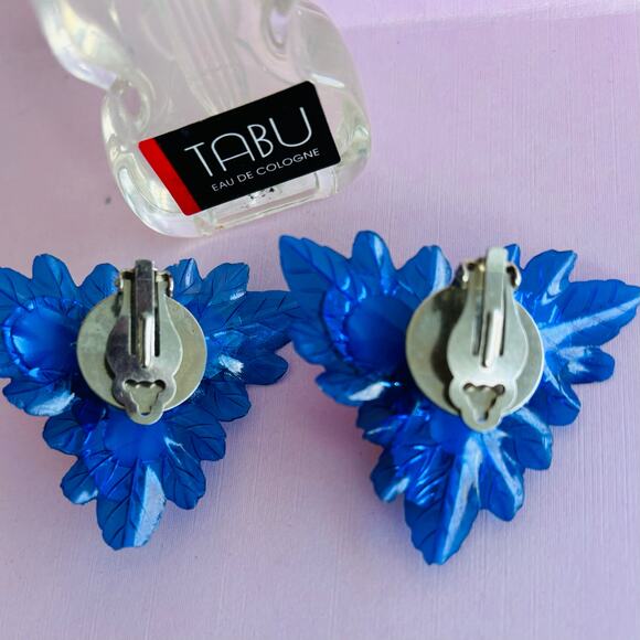Vintage STATEMENT 1980s Retro Blue Jeweled Floral Clip On  Earrings - Picture 4 of 6